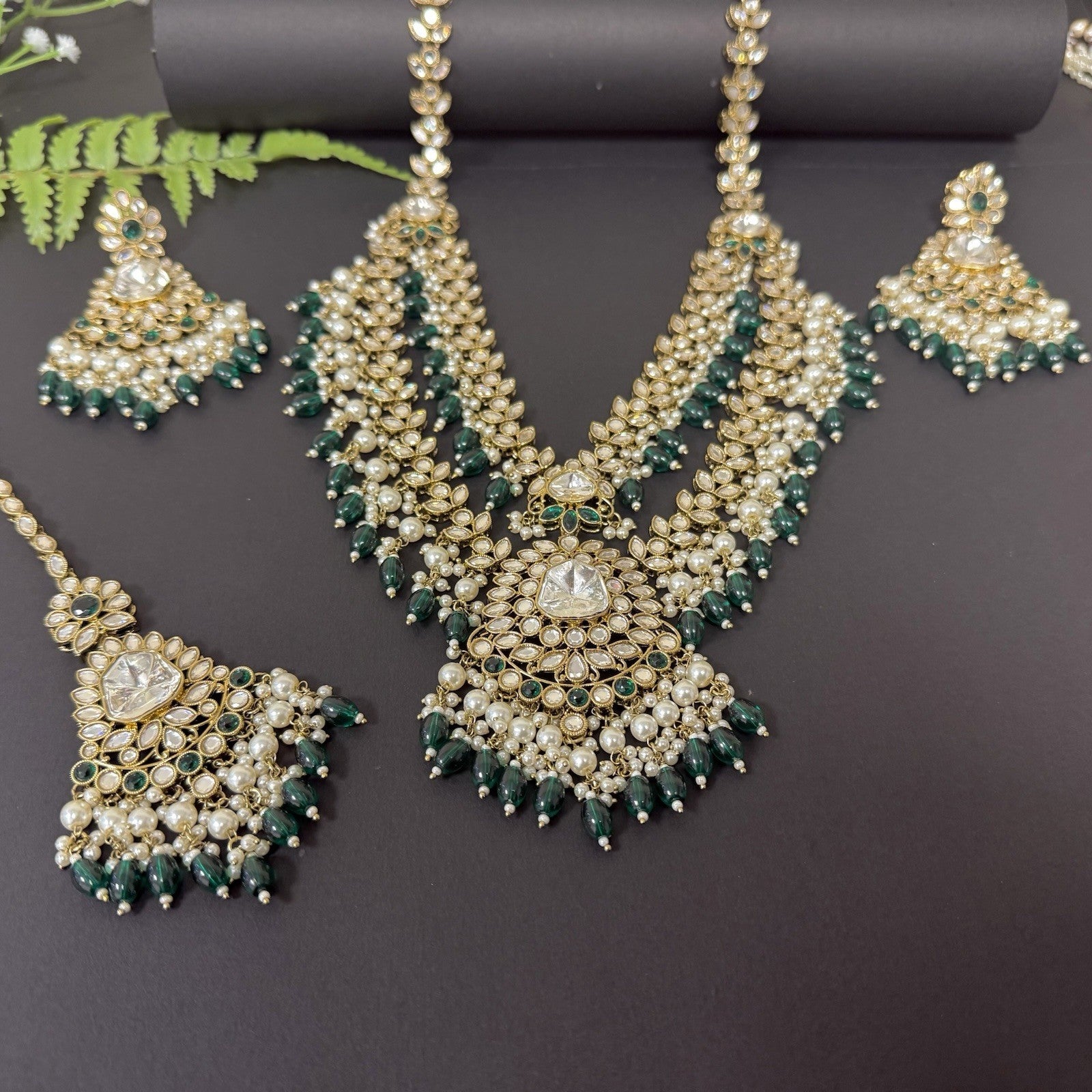 Indian Pakistani Jewellery Set Kundan, Long Mala With Earrings Tikka Green