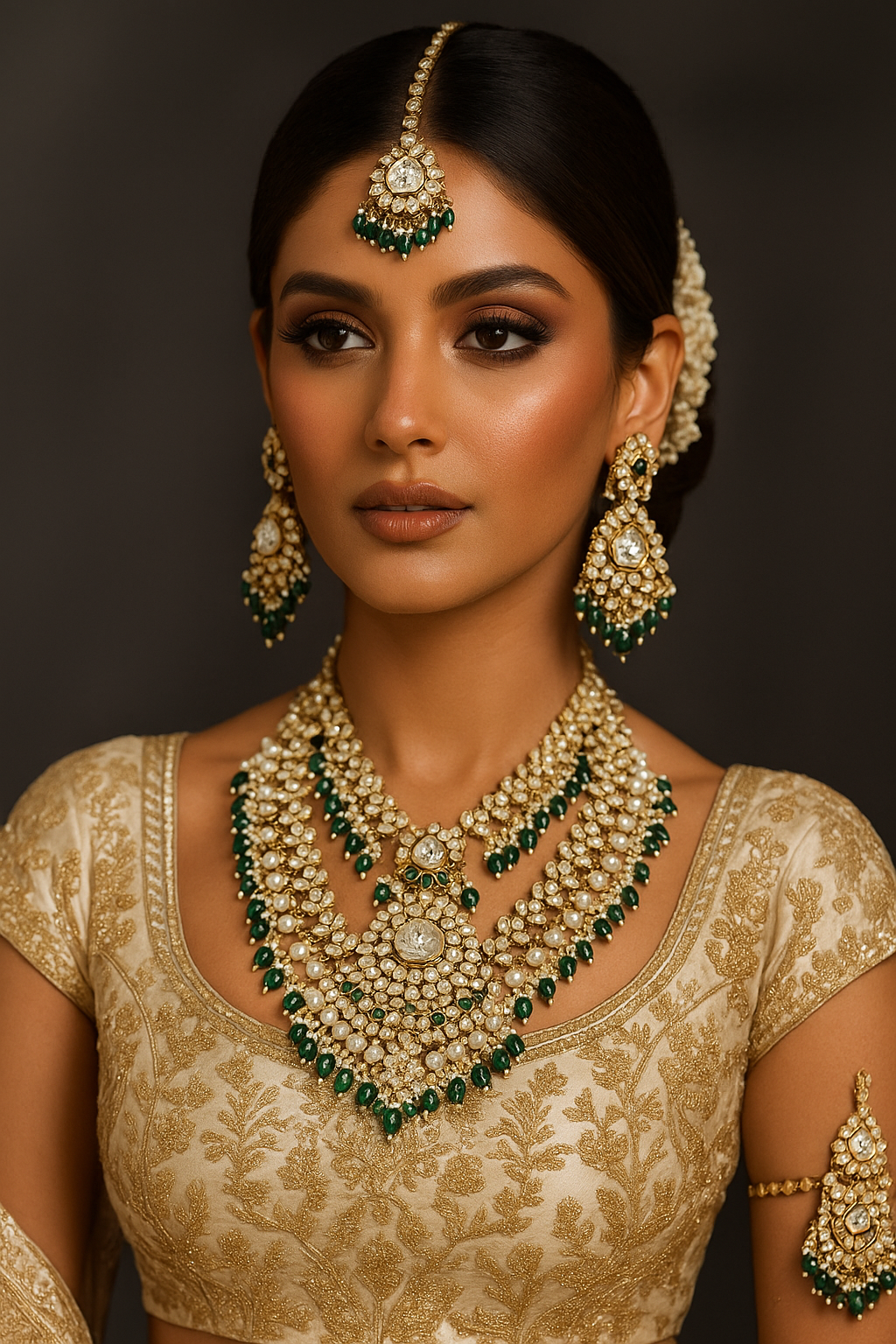 Indian Pakistani Jewellery Set Kundan, Long Mala With Earrings Tikka Green