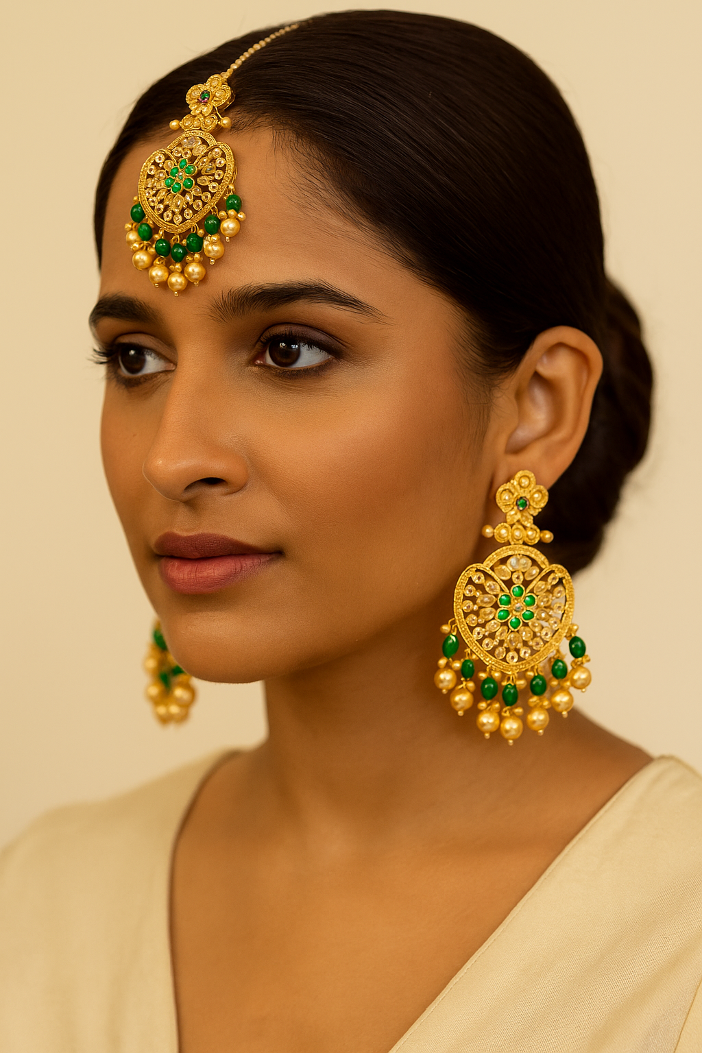 Indian Kundan Earring Tikka Set Gold-Plated Bridal Jewelry Green Stones Pearls