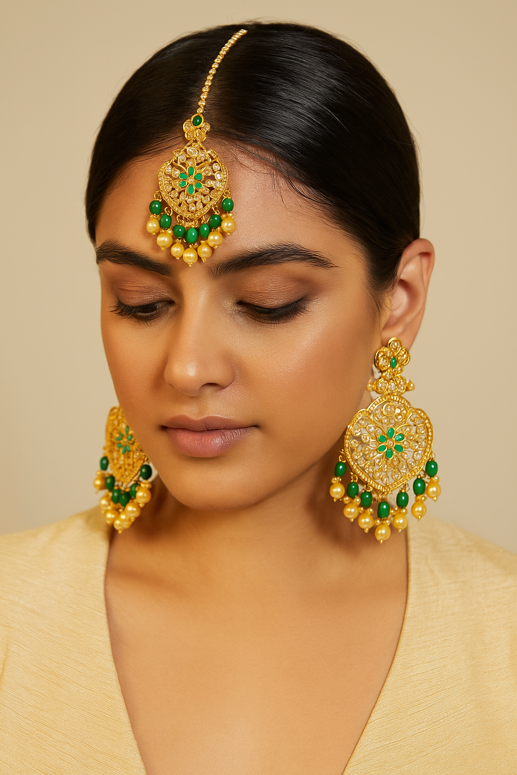 Indian Kundan Earring Tikka Set Gold-Plated Bridal Jewelry Green Stones Pearls