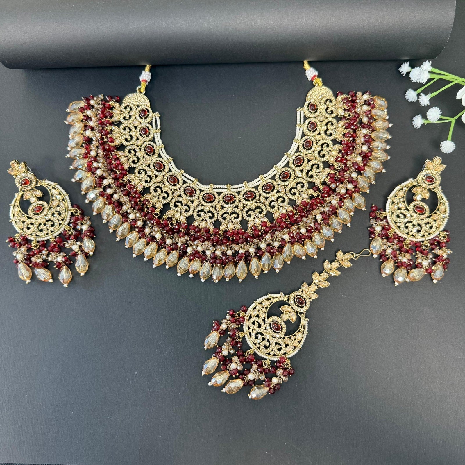Bollywood Indian Wedding Jewelry Set Maroon Gold Plated Necklace Earrings& Tikka