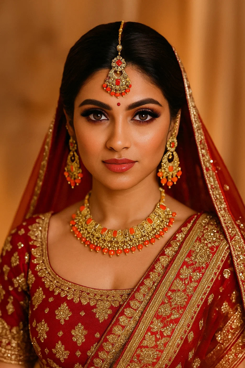 Indian Weeding Necklace Set Earrings Maang Tikka Gold Plated Orange Stone Pearl