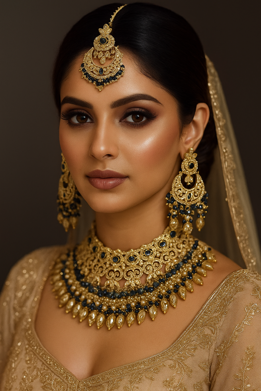 Blue Jewelry Set Gold Plated Pearl Necklace Earrings Maang Tikka Indian Wedding