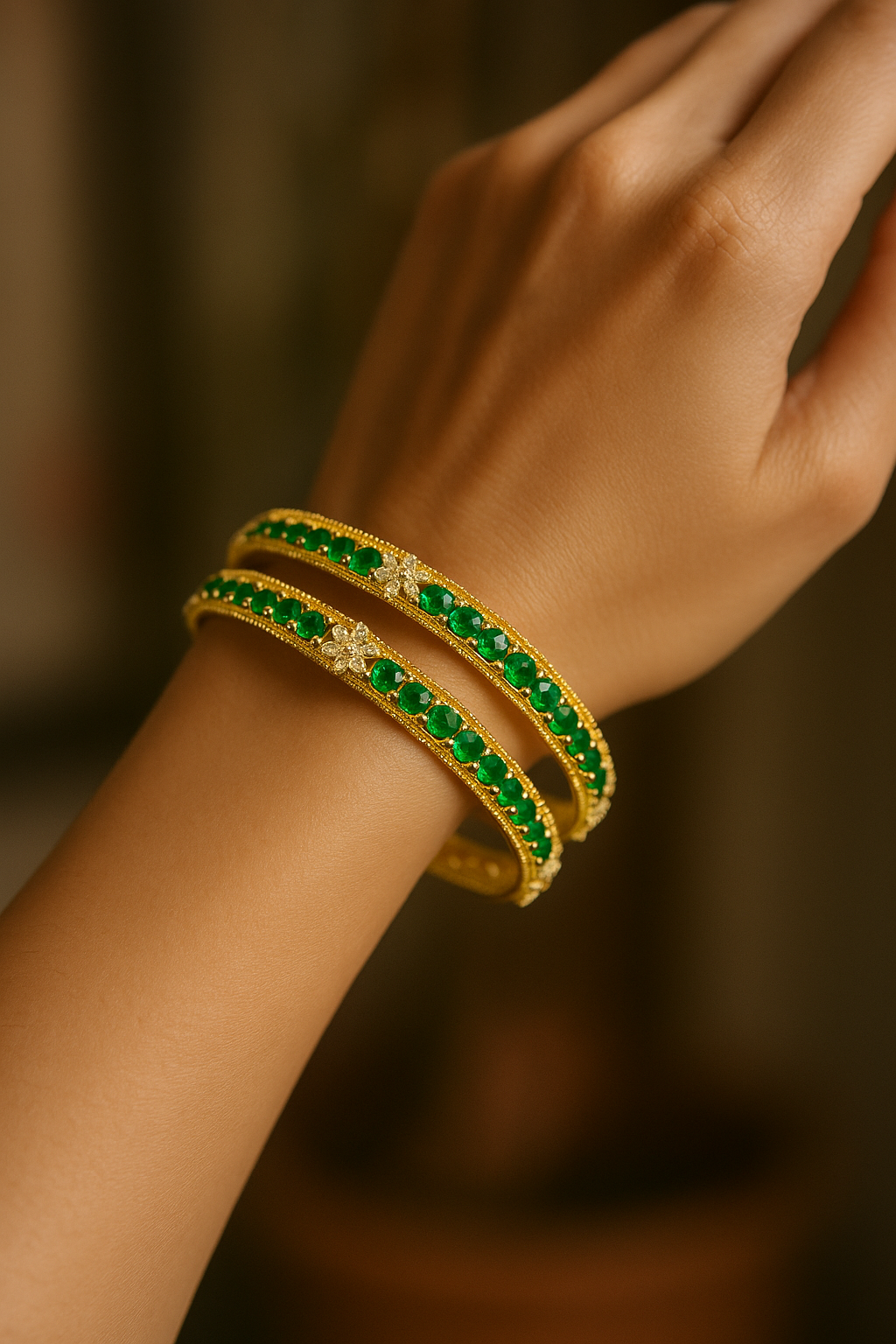 2 Piece Set Artificial 2.4 Indian High Quality  Stone Bangle Gold Plated & Green