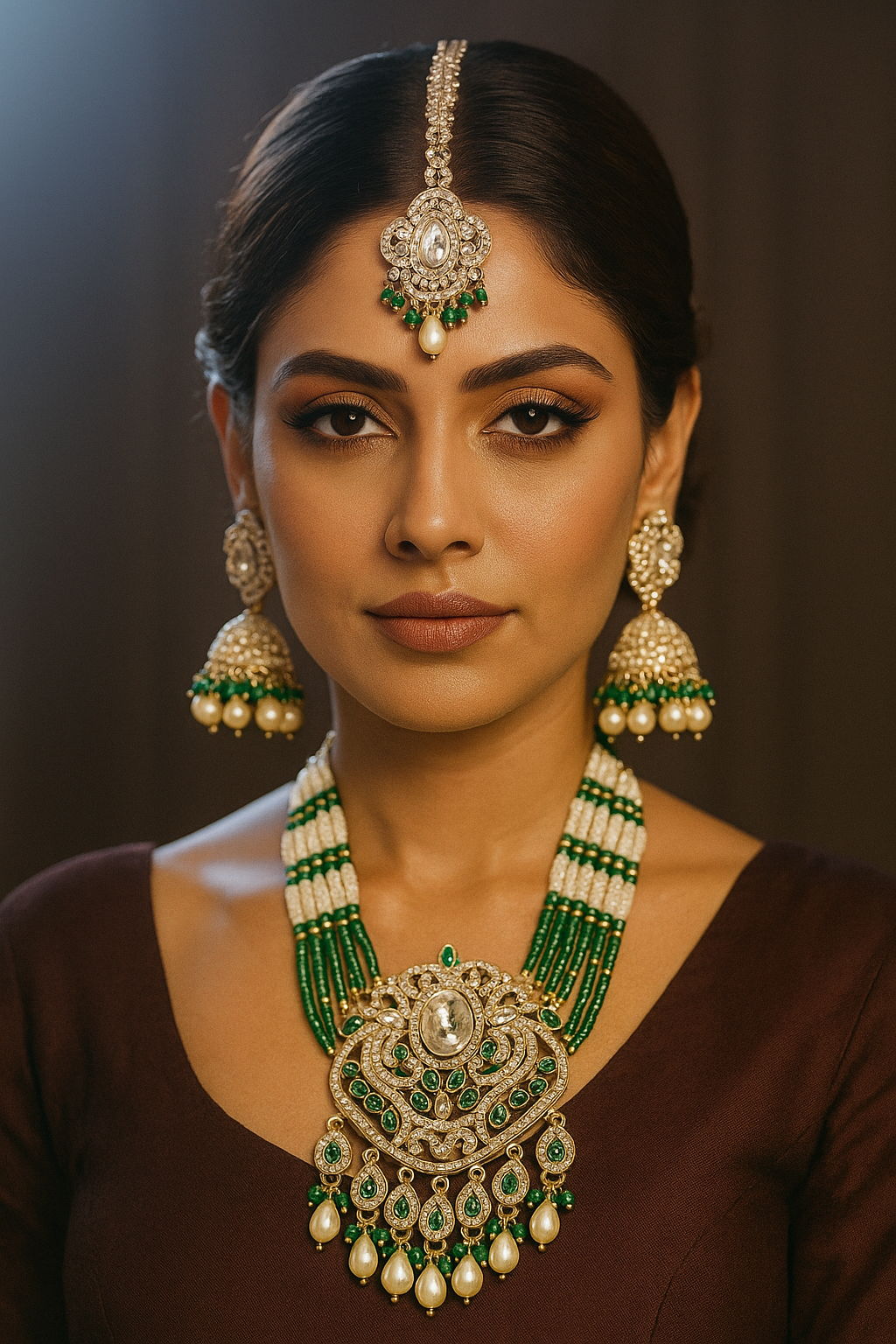 Bridal Kundan American Diamond Jewelry Set – Green &White Beaded Necklace
