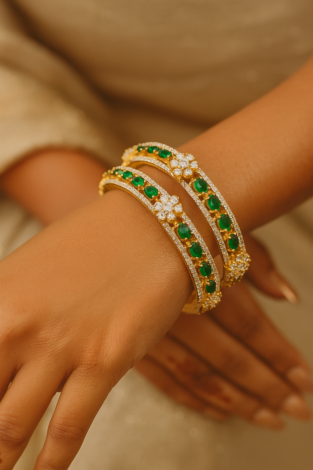 2.8 Gold Plated Bangles Set  2PCS  Emerald Green Stones & CZ Flowers Bridal Gift