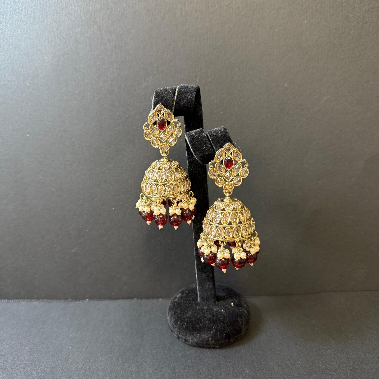 Indian Polki Choker Necklace Set Jhumka Maang Tikka Bridal Jewelry Maroon