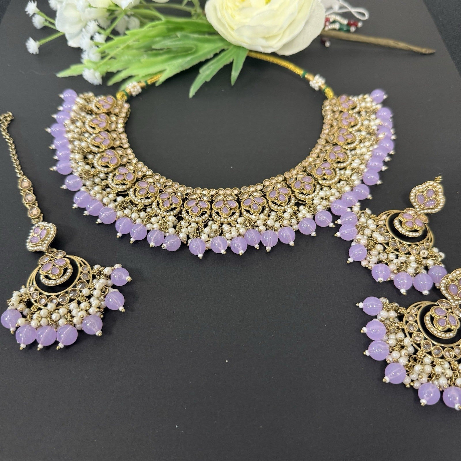 Polki Jewellery Necklace and Earring Set Indian Pakistani Lilac