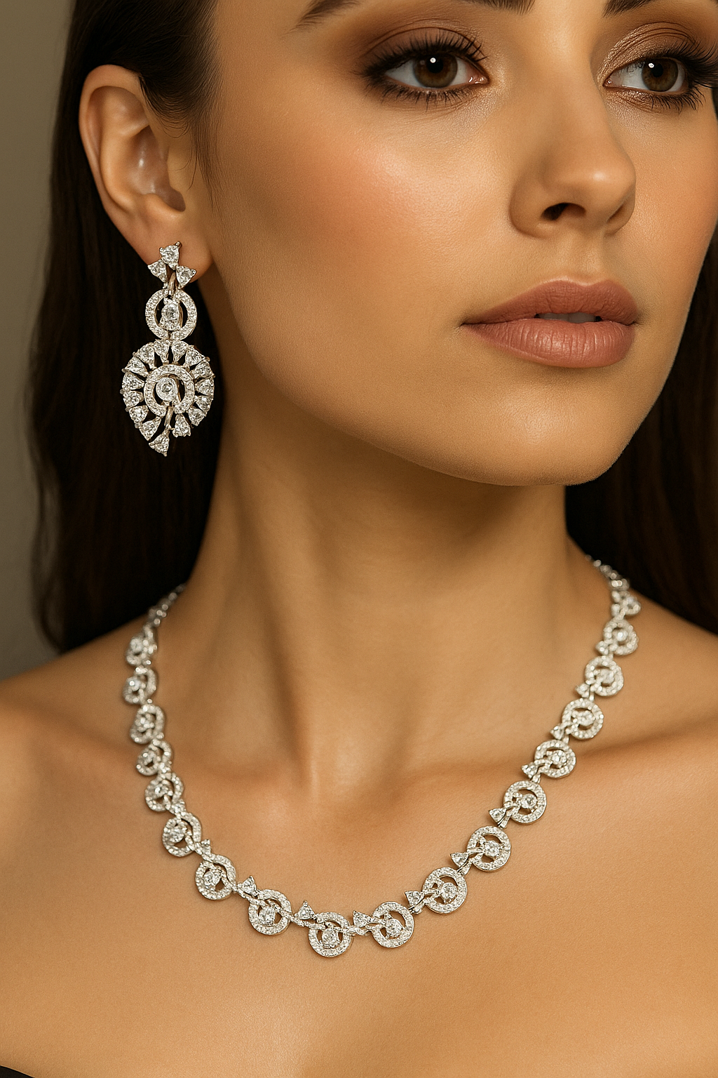 American Diamond (AD) Necklace Earrings Set Wedding Party Jewelry Silver Plated