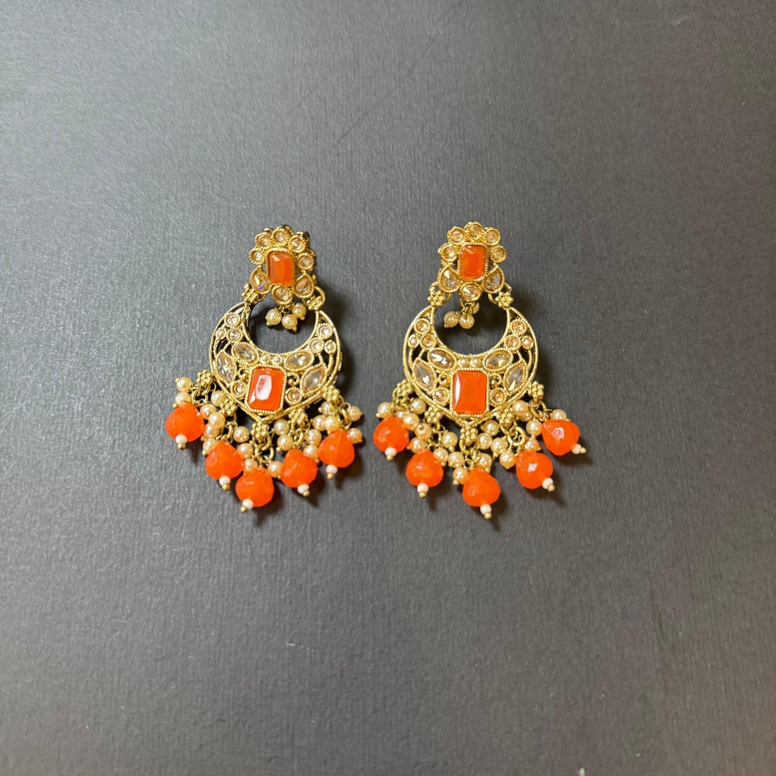 Indian Weeding Necklace Set Earrings Maang Tikka Gold Plated Orange Stone Pearl