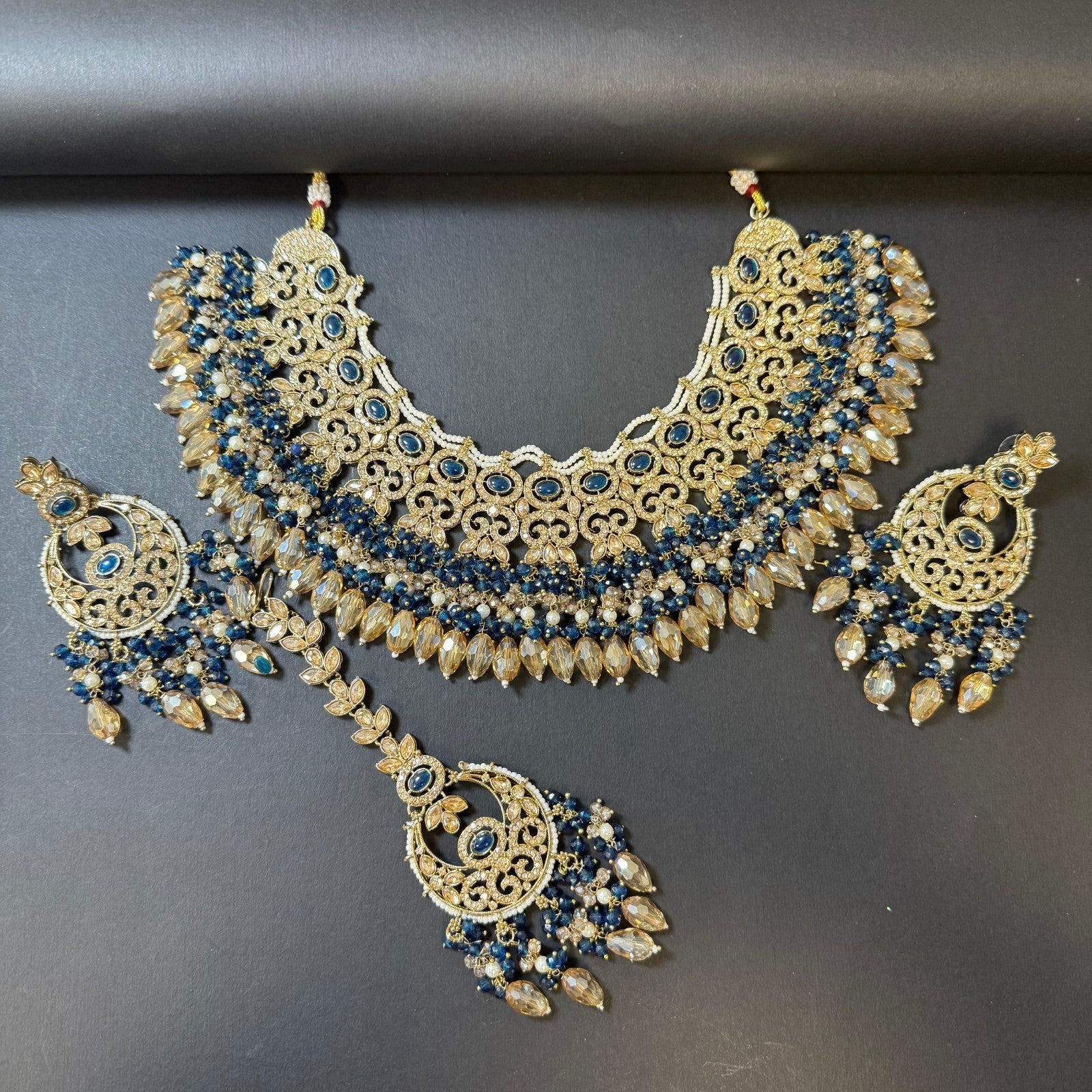 Blue Jewelry Set Gold Plated Pearl Necklace Earrings Maang Tikka Indian Wedding