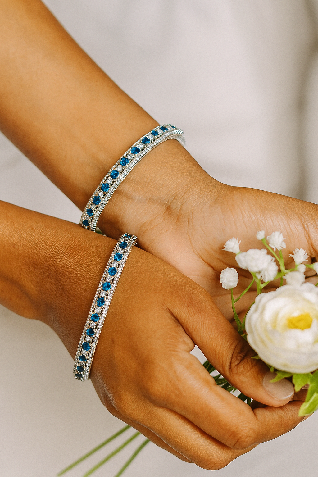 Silver Bangles Blue Stones  Women’s Indian Wedding Jewelry Bridal Bracelet Set