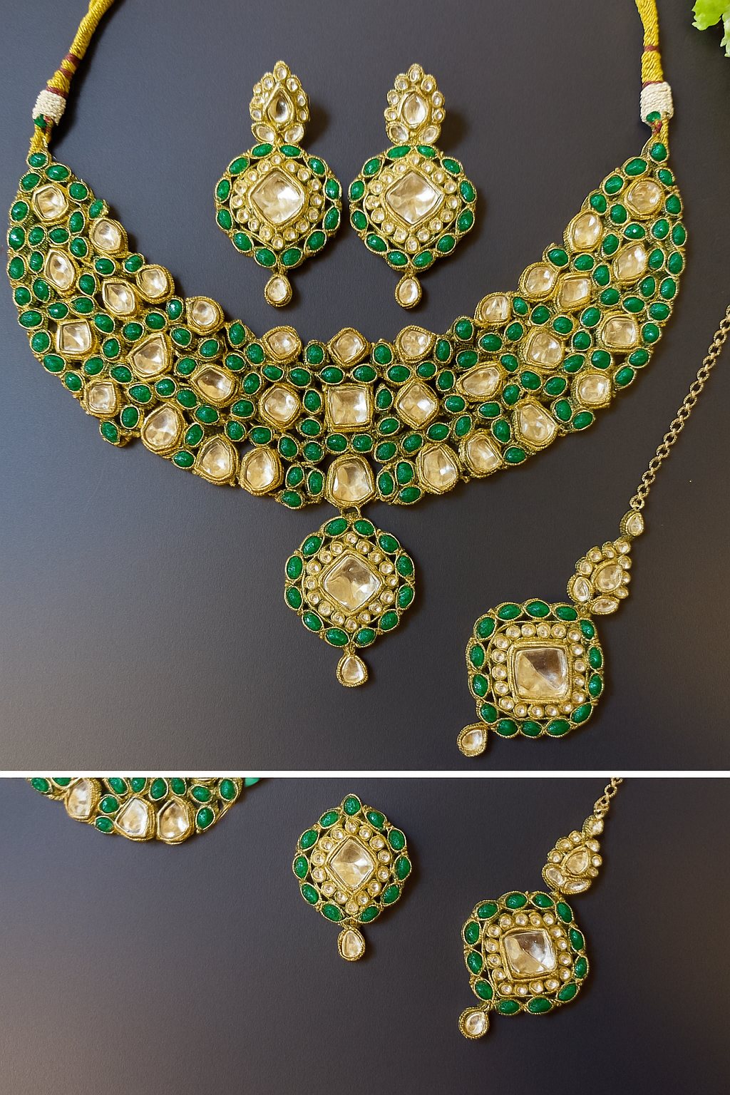 Indian UnCut Kundan Monalisa Stone Necklace Set Earrings Tikka Green Gold Plated