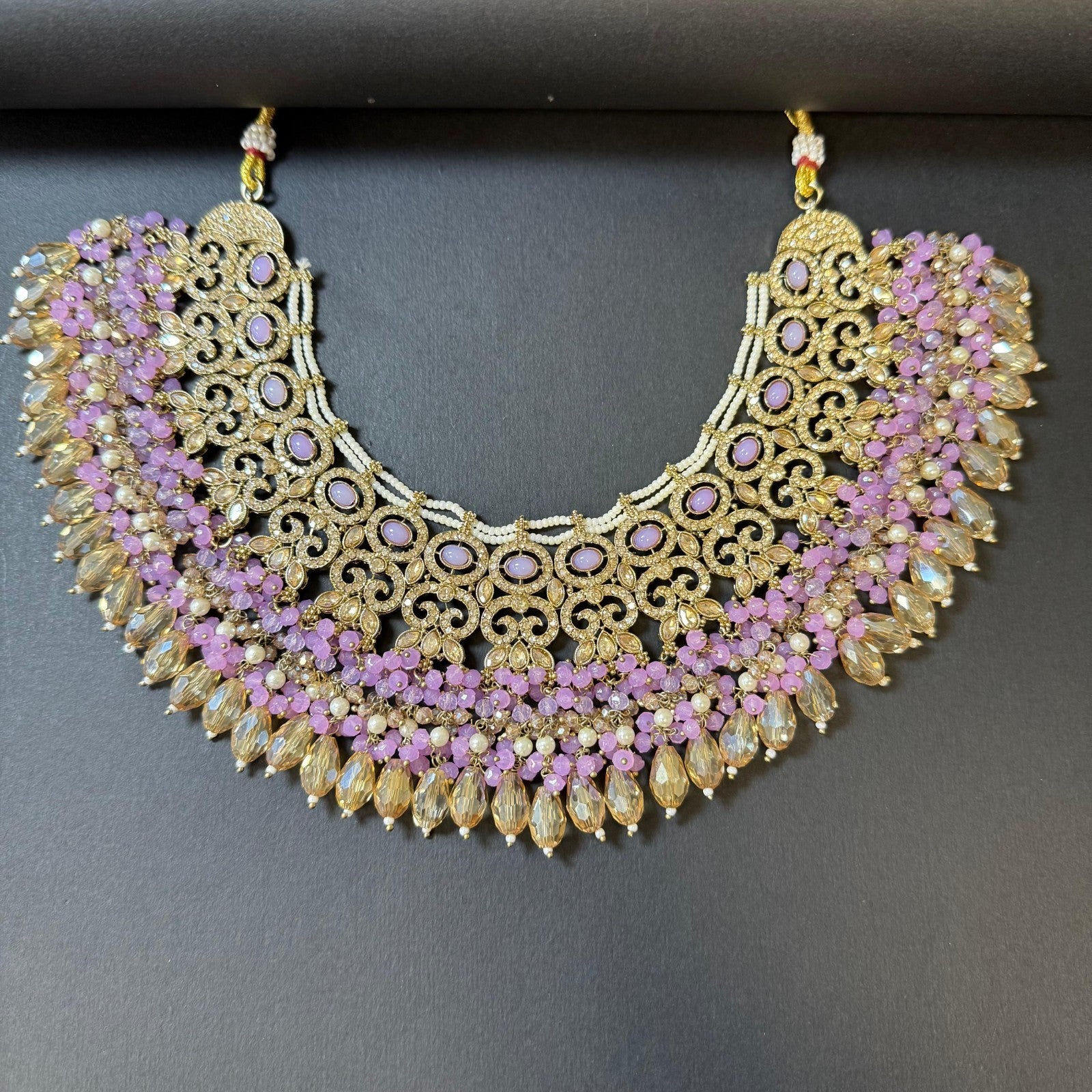Bollywood Indian Pakistani Wedding Polki Necklace Set Lilac Gold Choker Earrings