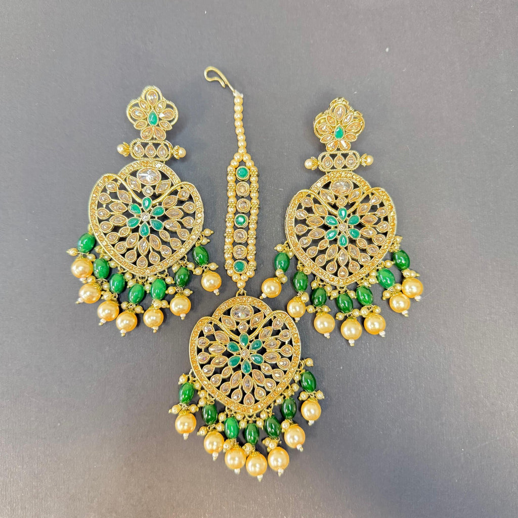 Indian Kundan Earring Tikka Set Gold-Plated Bridal Jewelry Green Stones Pearls