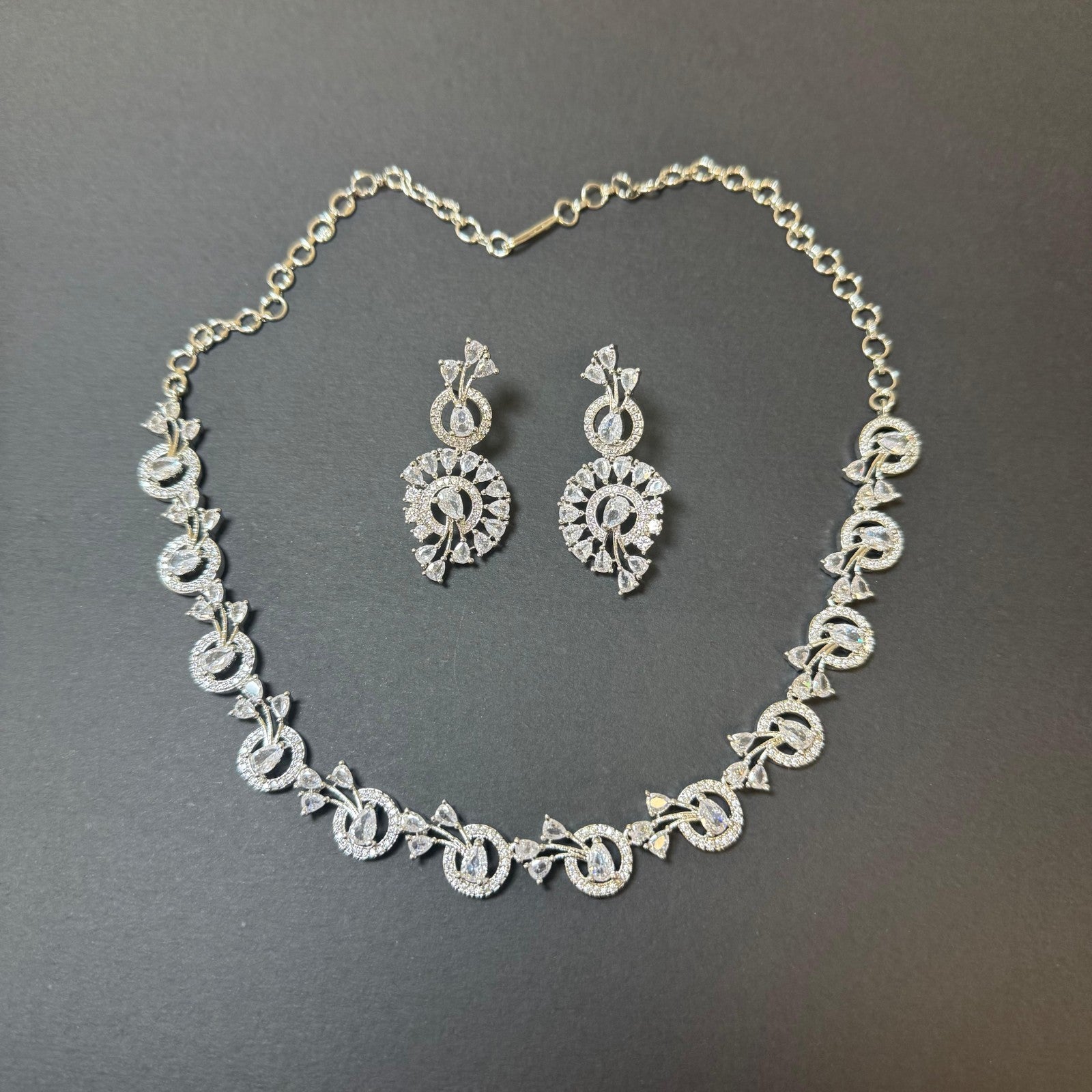 American Diamond (AD) Necklace Earrings Set Wedding Party Jewelry Silver Plated