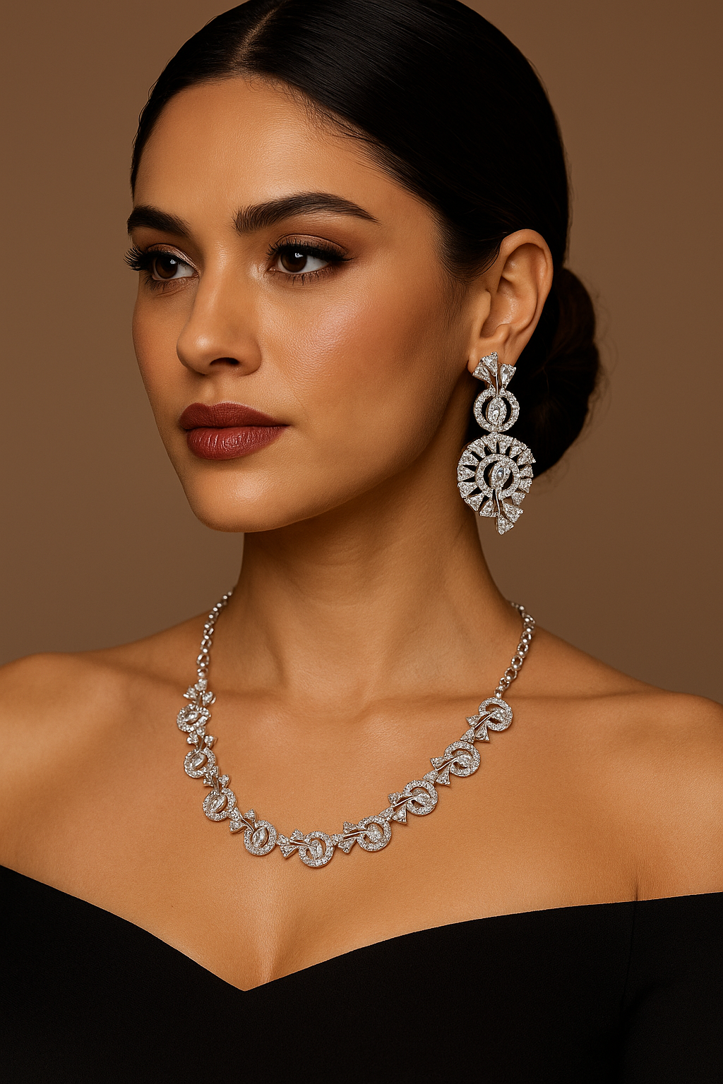 American Diamond (AD) Necklace Earrings Set Wedding Party Jewelry Silver Plated