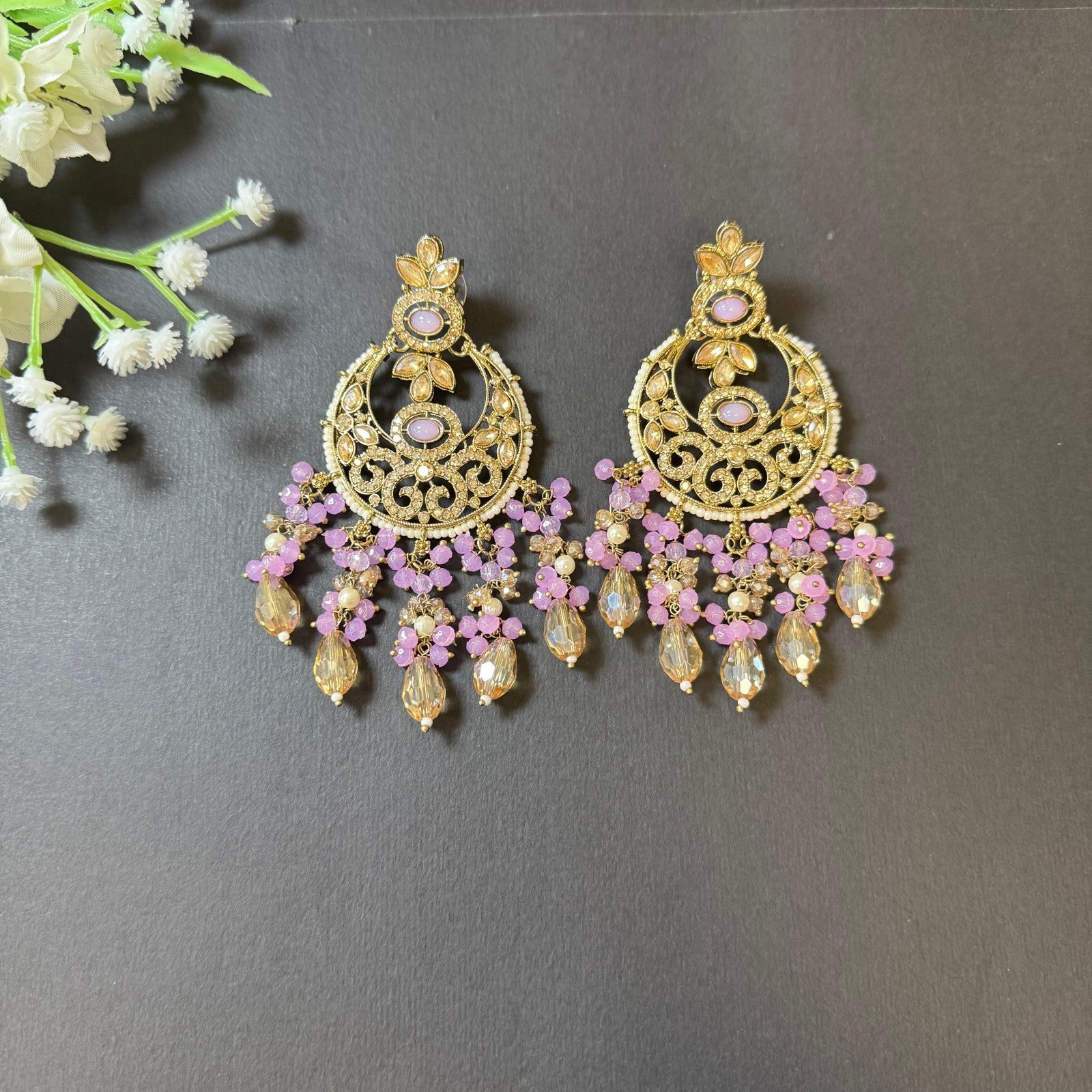 Bollywood Indian Pakistani Wedding Polki Necklace Set Lilac Gold Choker Earrings