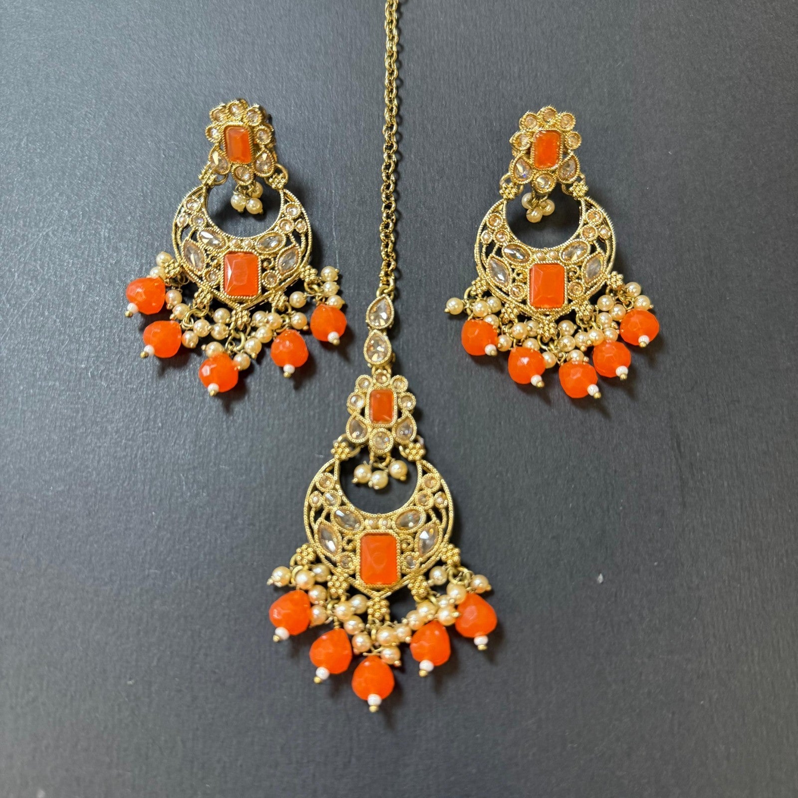 Indian Weeding Necklace Set Earrings Maang Tikka Gold Plated Orange Stone Pearl