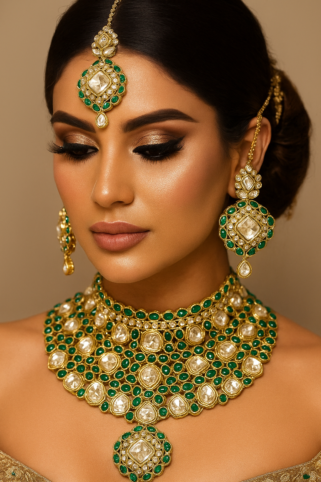 Indian UnCut Kundan Monalisa Stone Necklace Set Earrings Tikka Green Gold Plated