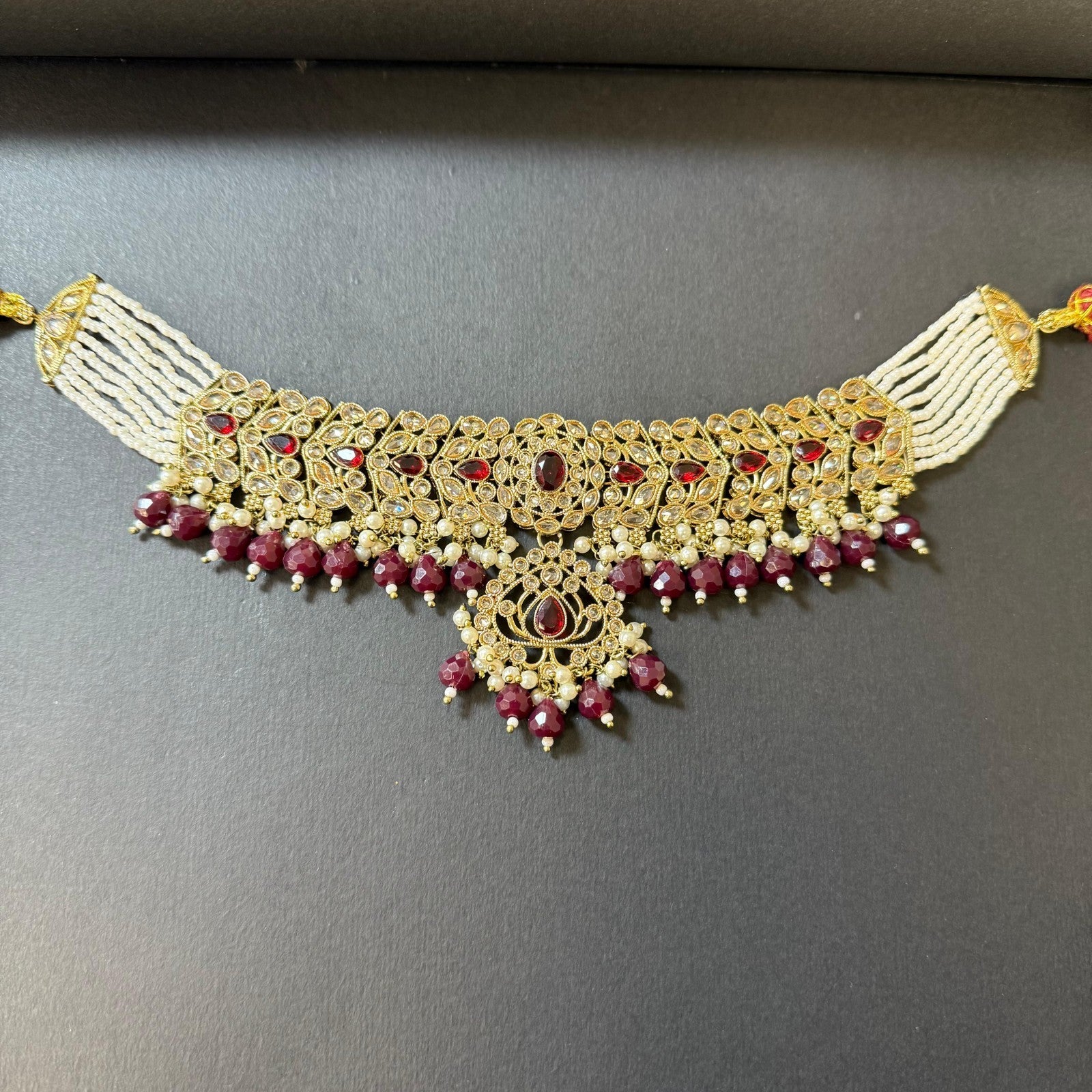Indian Polki Choker Necklace Set Maroon Beads Gold Finish Earrings Tikka