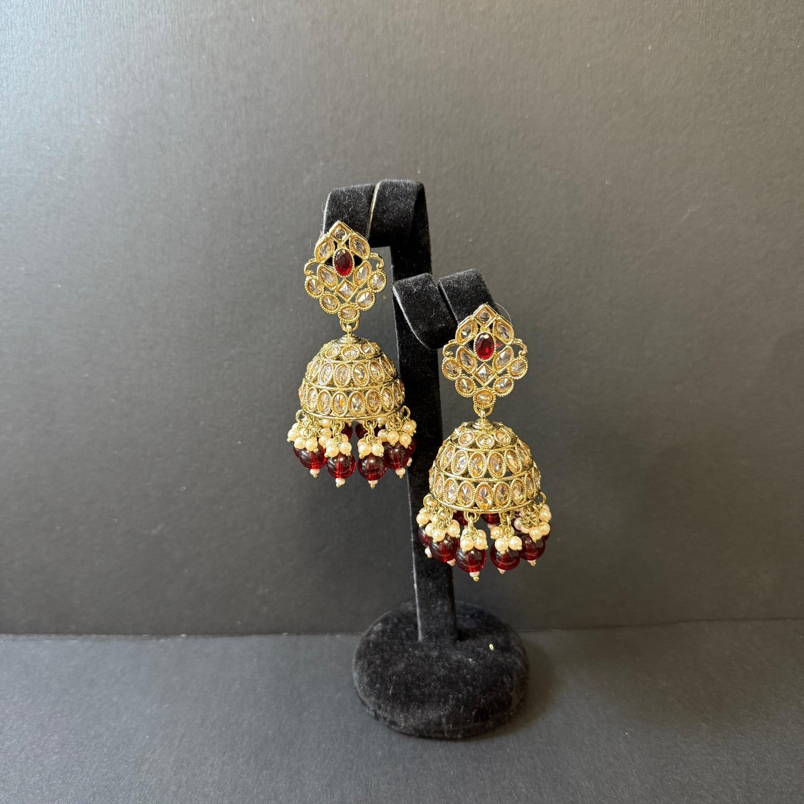 Indian Polki Choker Necklace Set Jhumka Maang Tikka Bridal Jewelry Maroon