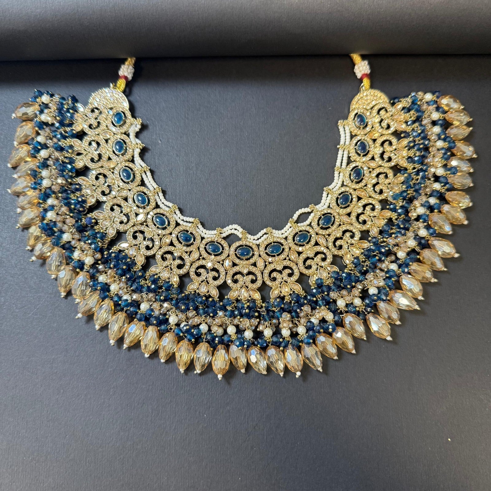 Blue Jewelry Set Gold Plated Pearl Necklace Earrings Maang Tikka Indian Wedding