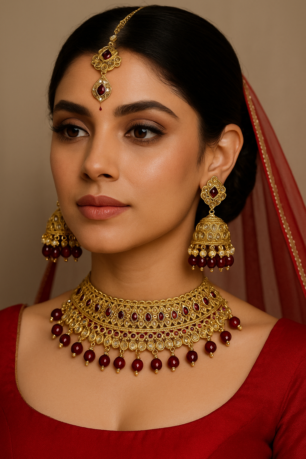 Indian Polki Choker Necklace Set Jhumka Maang Tikka Bridal Jewelry Maroon