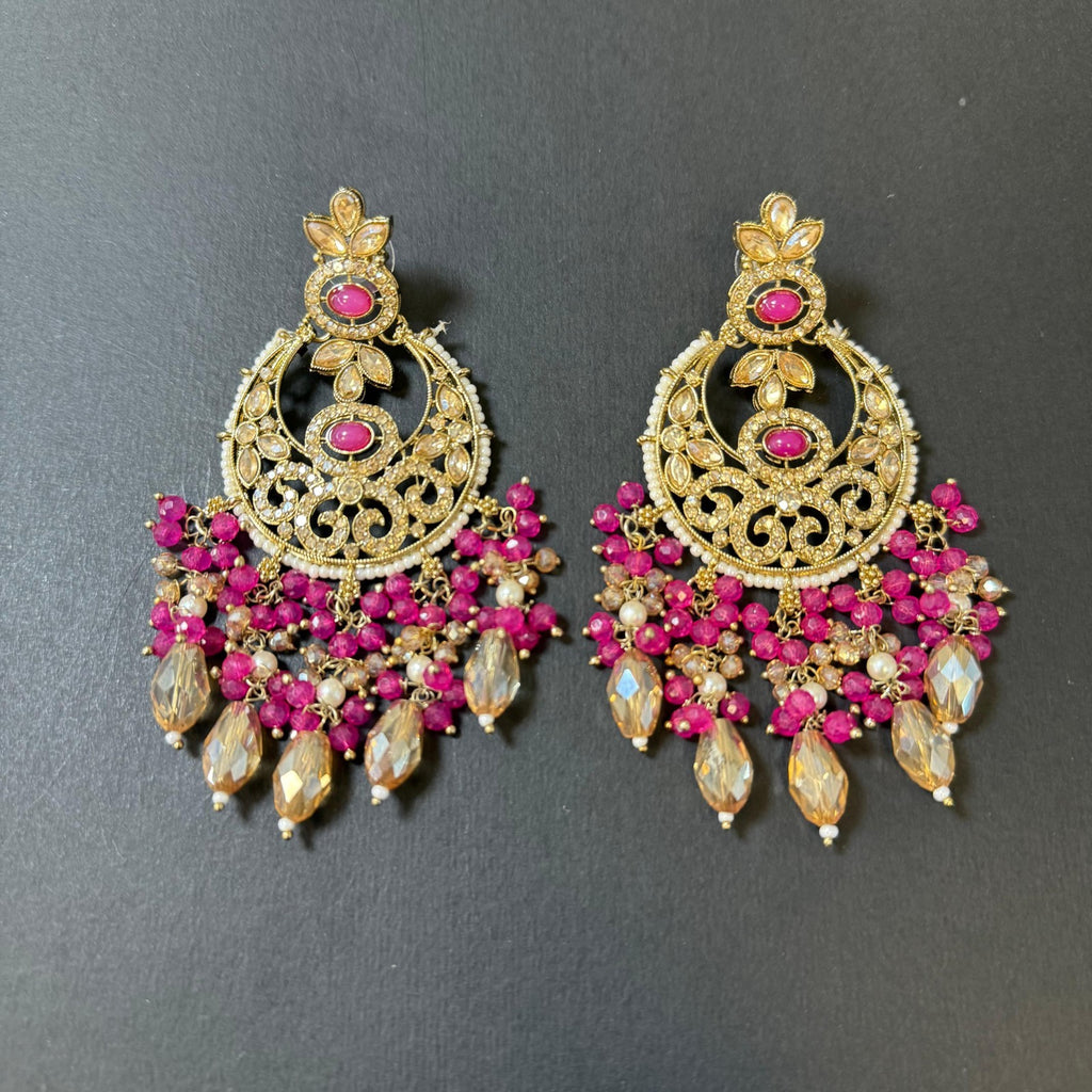 Indian Shocking Pink Wedding Jewelry Set  Kundan Necklace Earrings Maang Tikka