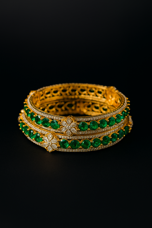 2 Piece Set Artificial 2.6 Gold Plated Bangles Green Stone & CZ Crystal Bridal