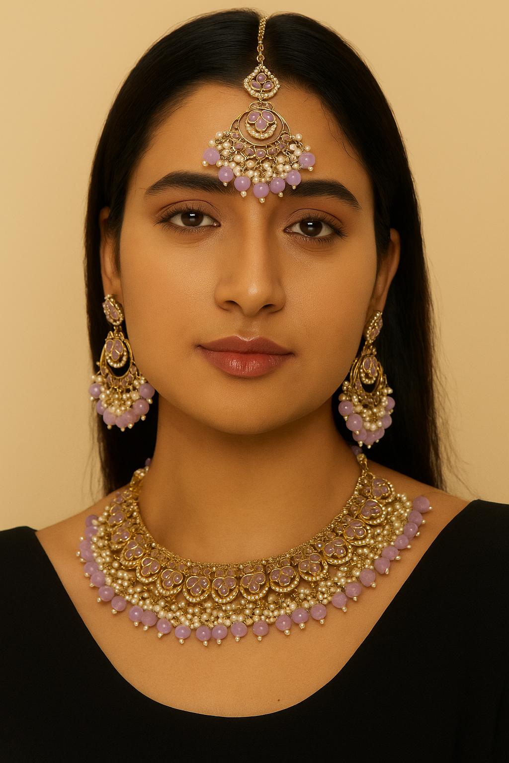 Polki Jewellery Necklace and Earring Set Indian Pakistani Lilac