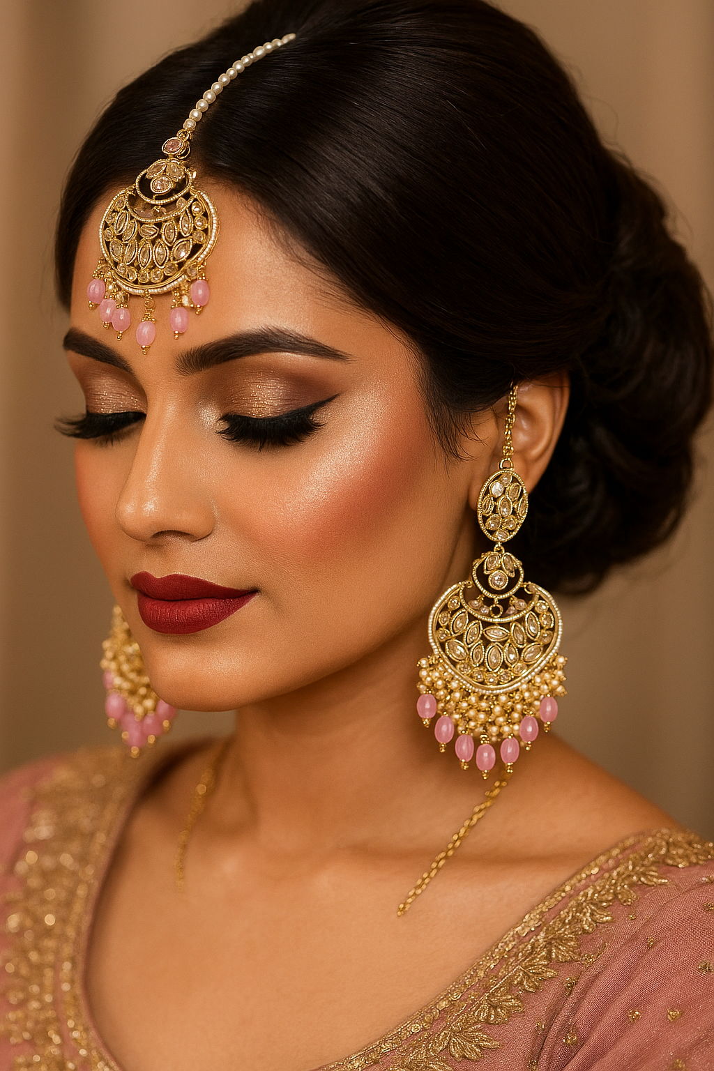 Indian Diamond Cut Earrings Tikka Set Baby Pink Beaded Kundan Jewelry Party Set