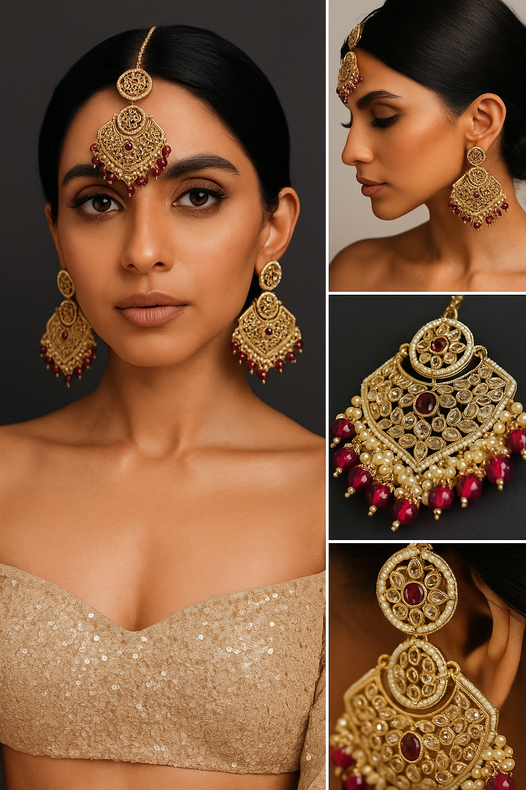 Chandbali Earrings Tikka Set Gold Ruby Polki Beads Bollywood Indian