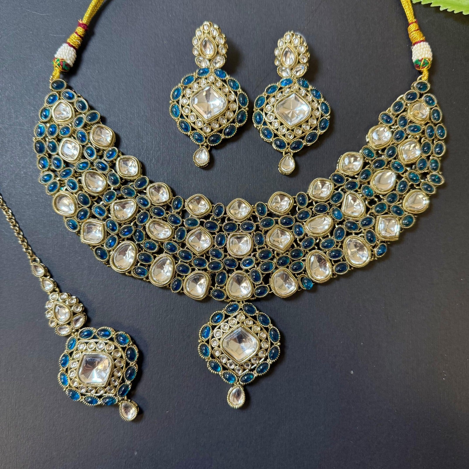 Indian Bridal Kundan Polki Choker Necklace Set Teal Blue Gold Earring & Tikka