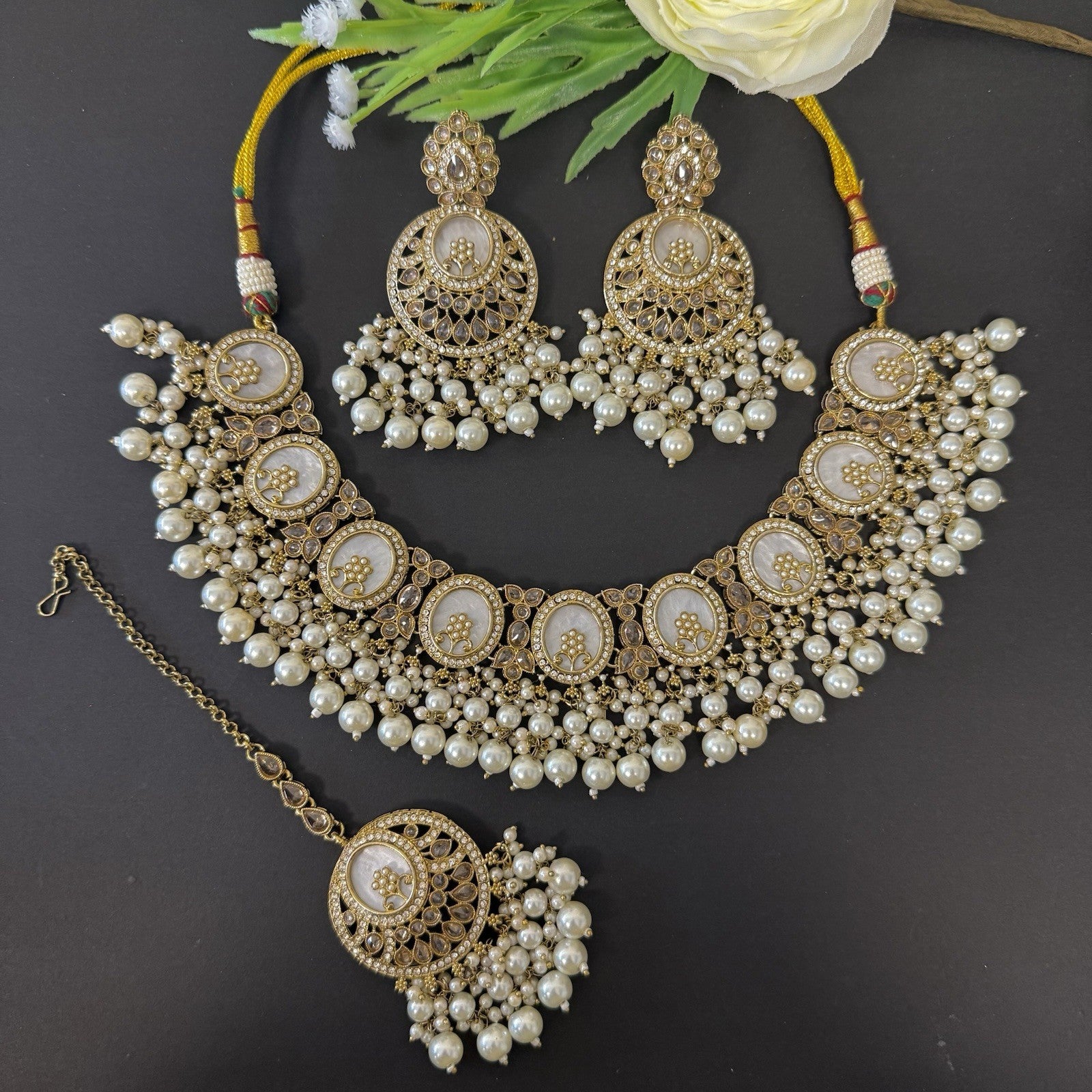 Luxury MOP Mother of Pearl Necklace and Earrings Maang Tikka Set