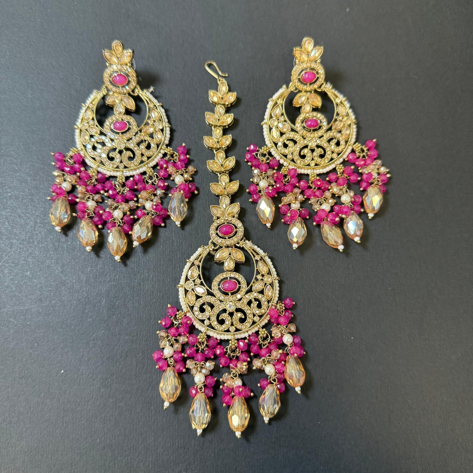 Indian Shocking Pink Wedding Jewelry Set  Kundan Necklace Earrings Maang Tikka