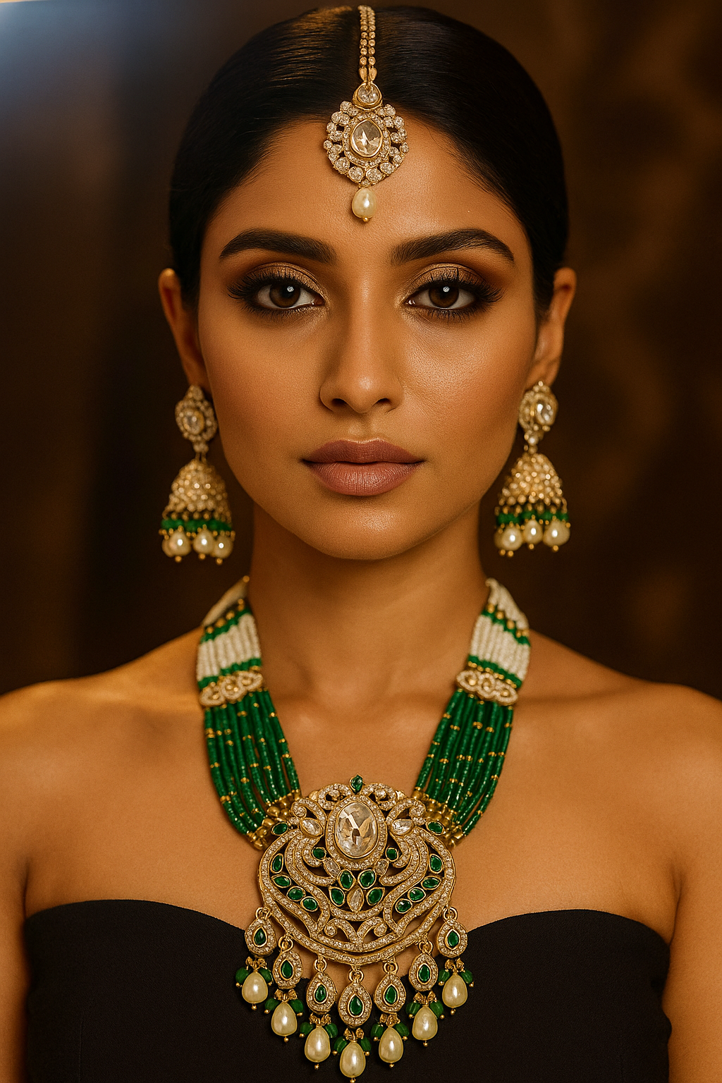 Bridal Kundan American Diamond Jewelry Set – Green &White Beaded Necklace