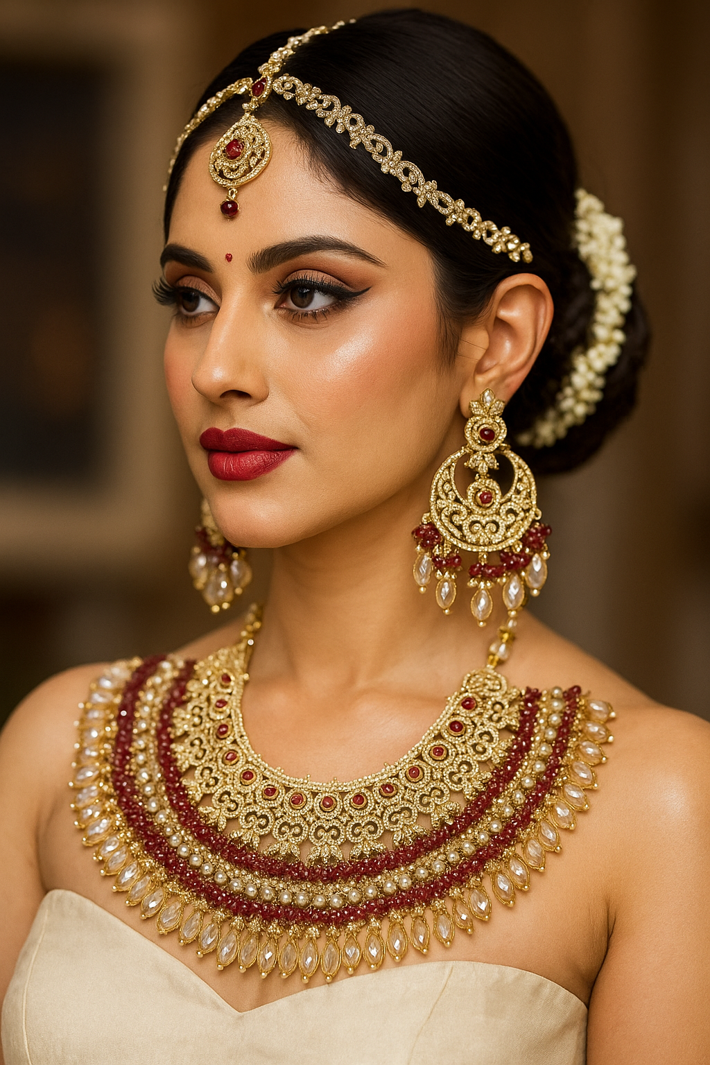 Bollywood Indian Wedding Jewelry Set Maroon Gold Plated Necklace Earrings& Tikka