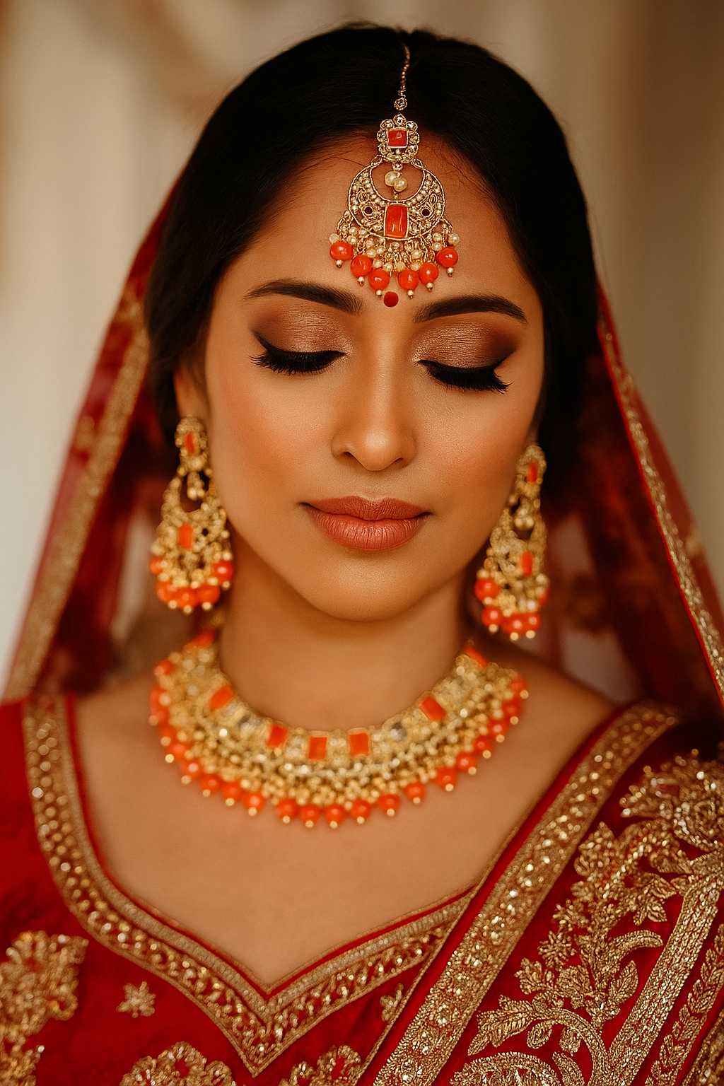 Indian Weeding Necklace Set Earrings Maang Tikka Gold Plated Orange Stone Pearl