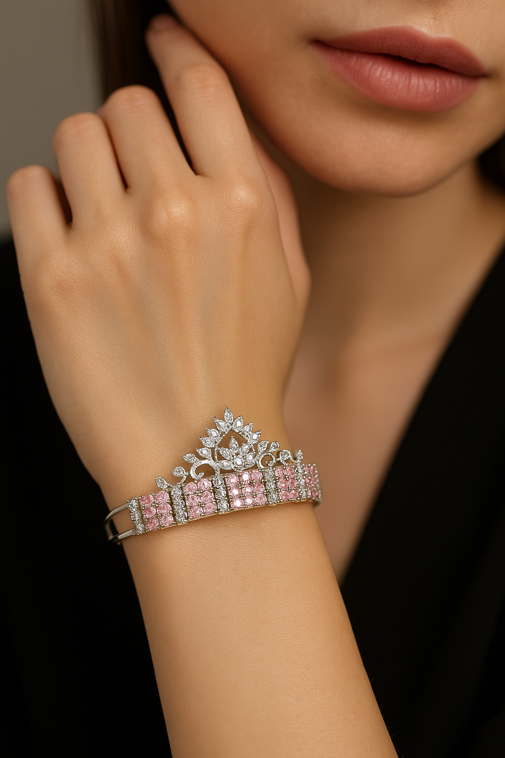 2.6 Silver Baby Pink Bracelet Stones Brass American Diamond Bangle Party Jewelry