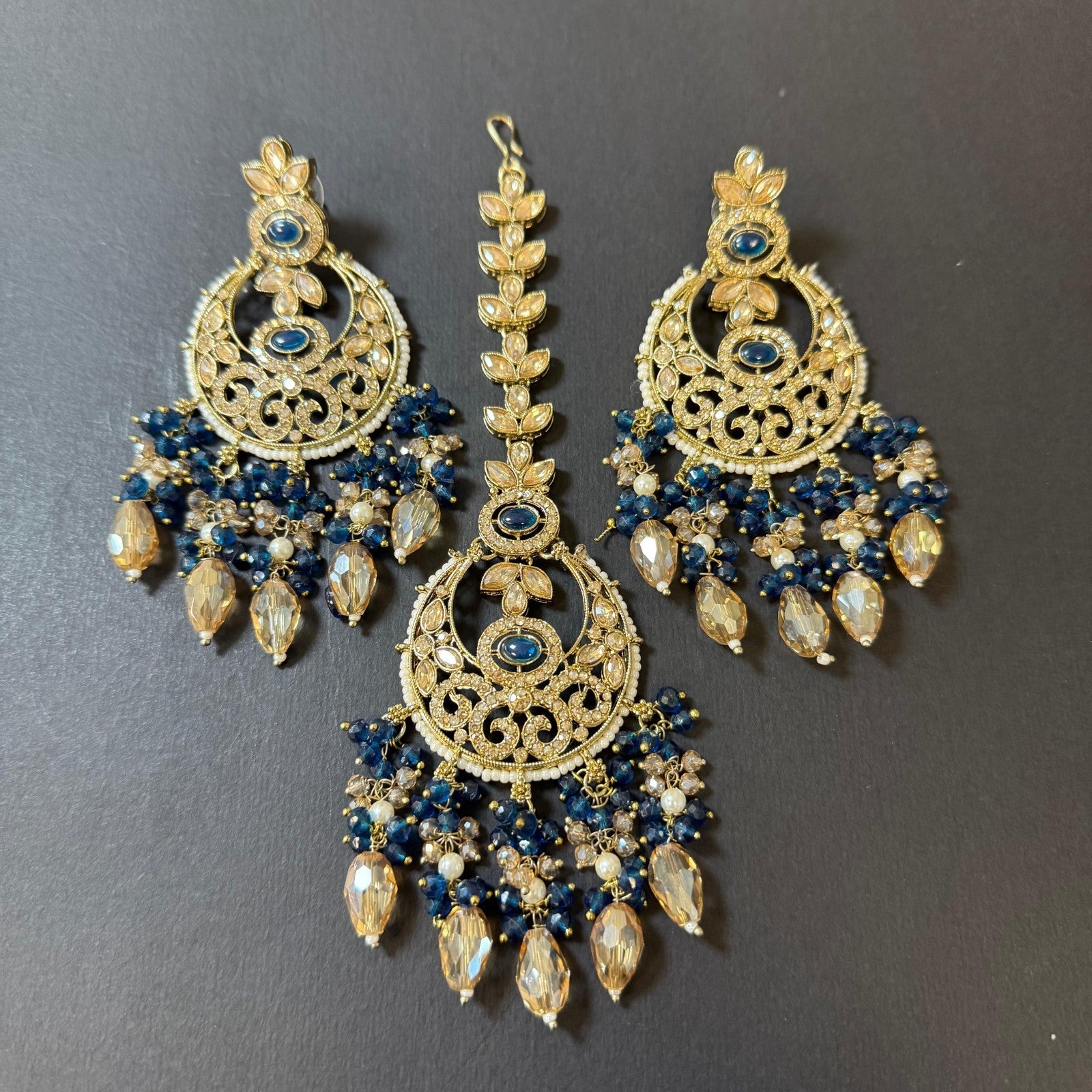 Blue Jewelry Set Gold Plated Pearl Necklace Earrings Maang Tikka Indian Wedding