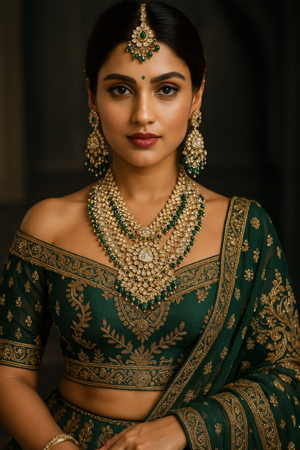 Indian Pakistani Jewellery Set Kundan, Long Mala With Earrings Tikka Green