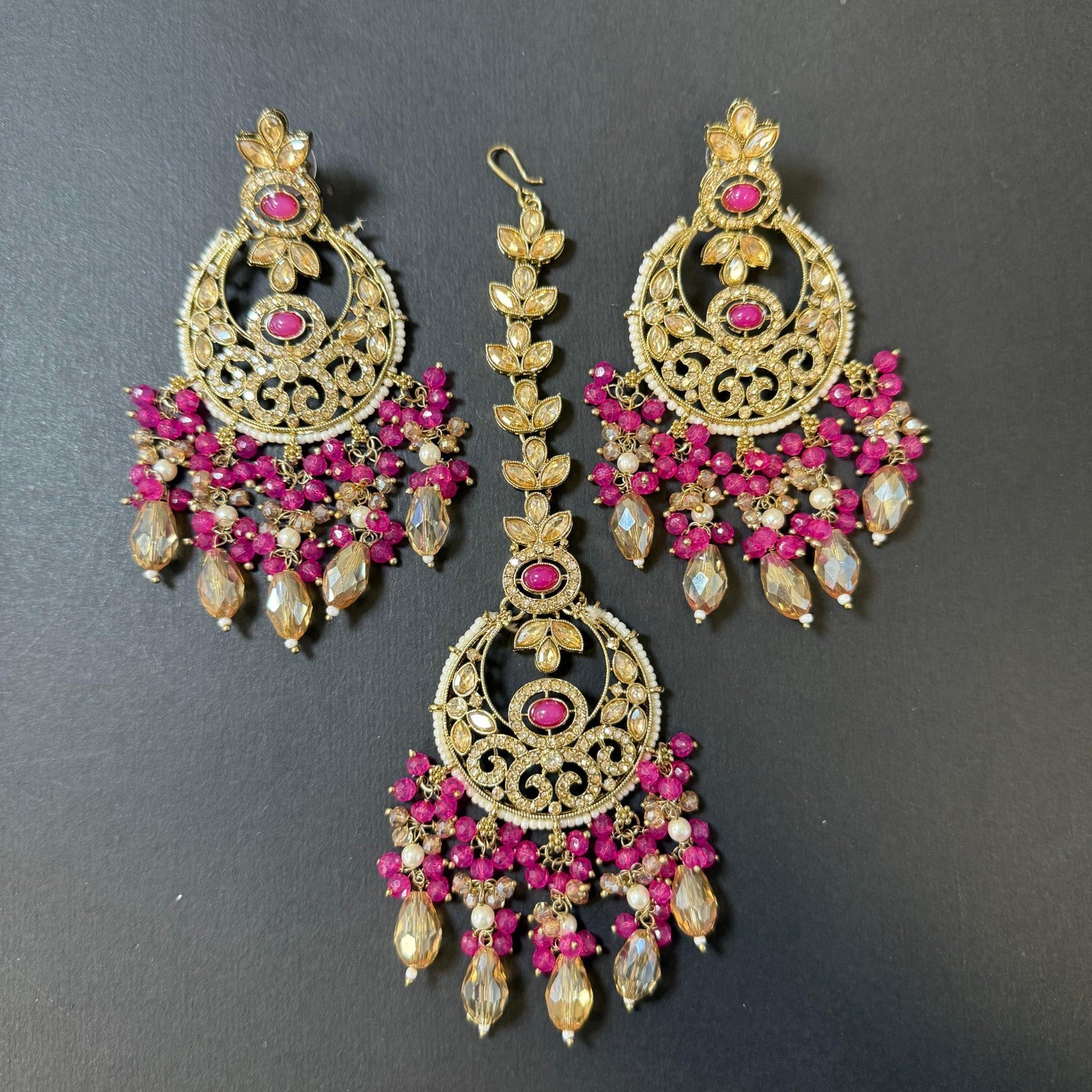 Indian Shocking Pink Wedding Jewelry Set  Kundan Necklace Earrings Maang Tikka