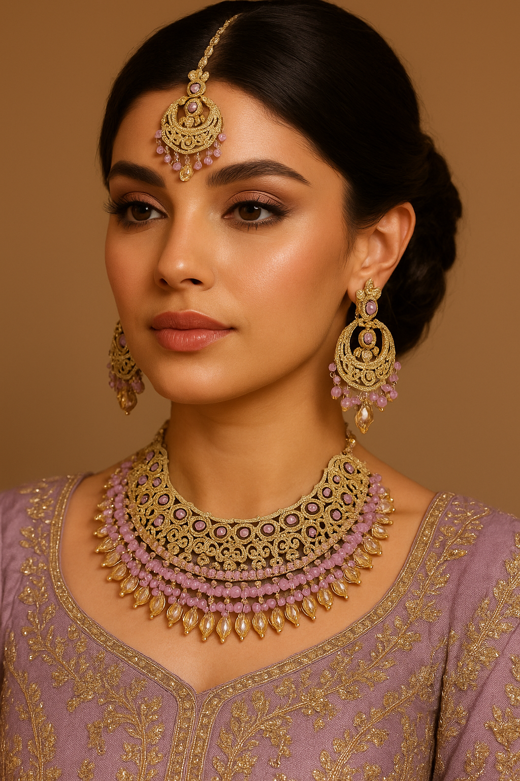 Bollywood Indian Pakistani Wedding Polki Necklace Set Lilac Gold Choker Earrings