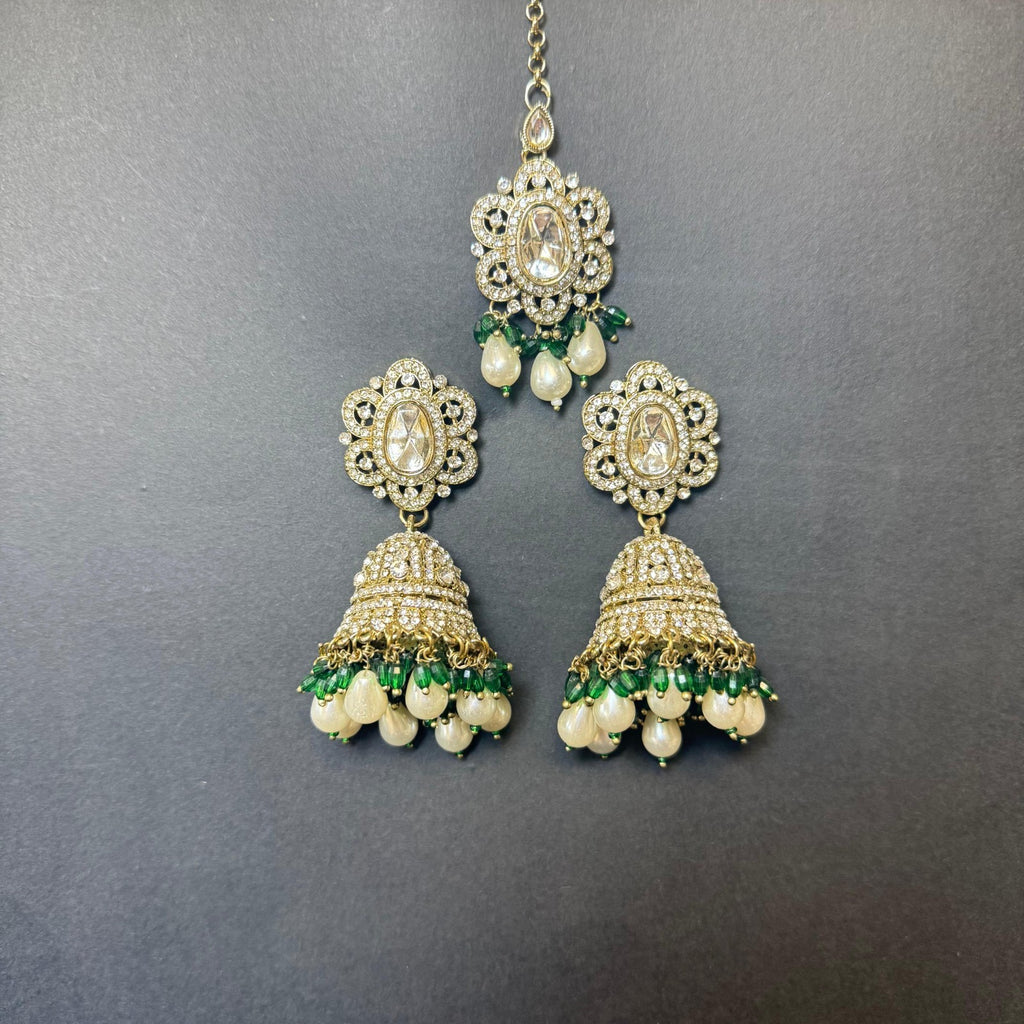 Bridal Kundan American Diamond Jewelry Set – Green &White Beaded Necklace