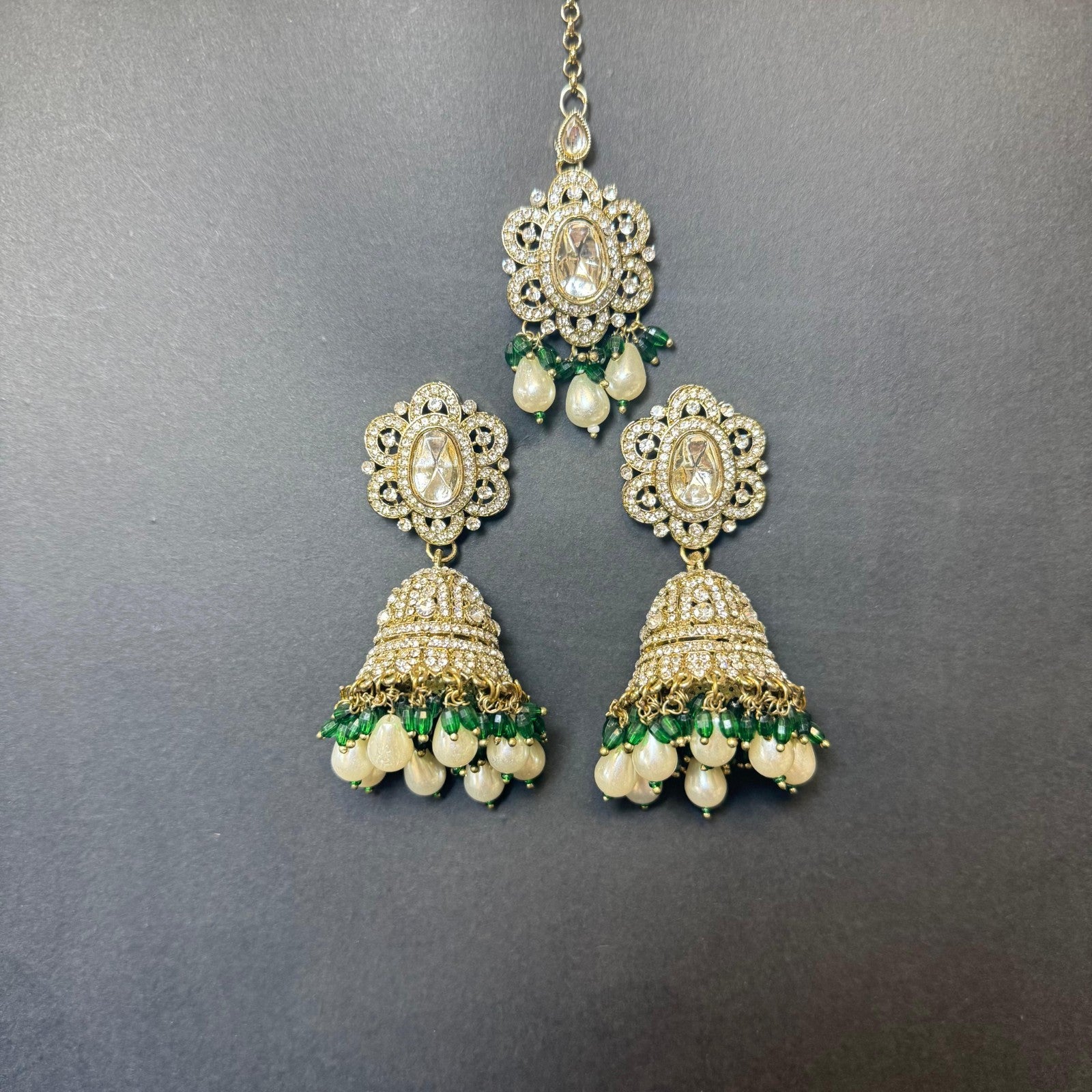 Bridal Kundan American Diamond Jewelry Set – Green &White Beaded Necklace