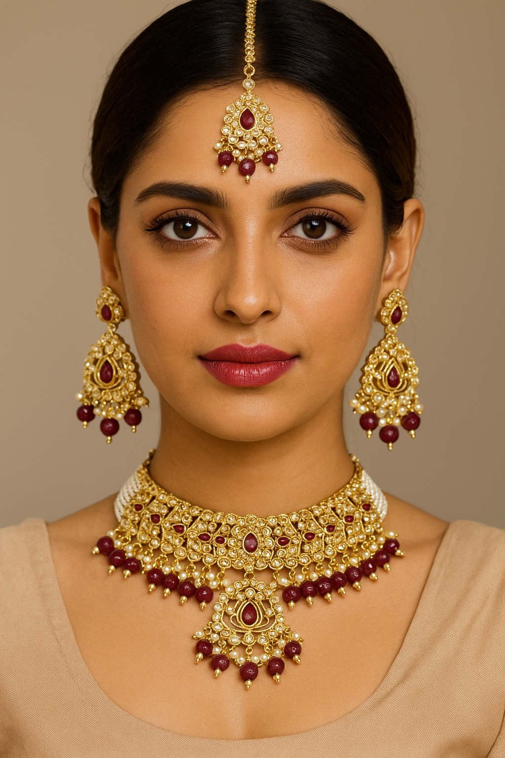 Indian Polki Choker Necklace Set Maroon Beads Gold Finish Earrings Tikka
