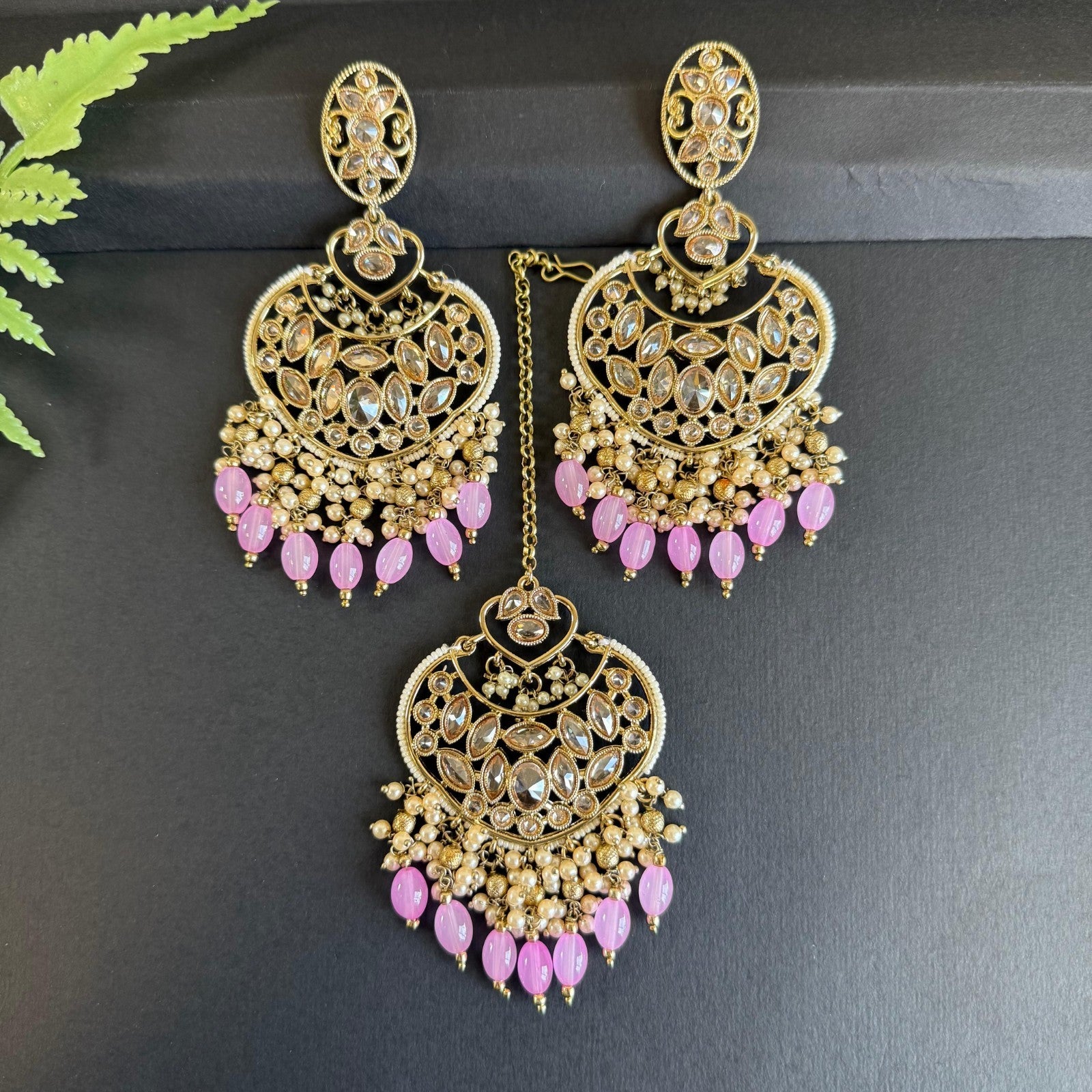 Indian Diamond Cut Earrings Tikka Set Baby Pink Beaded Kundan Jewelry Party Set