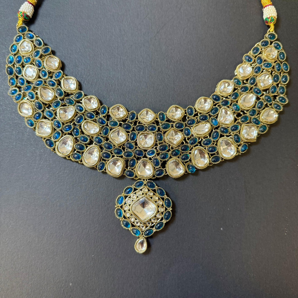 Indian Bridal Kundan Polki Choker Necklace Set Teal Blue Gold Earring & Tikka