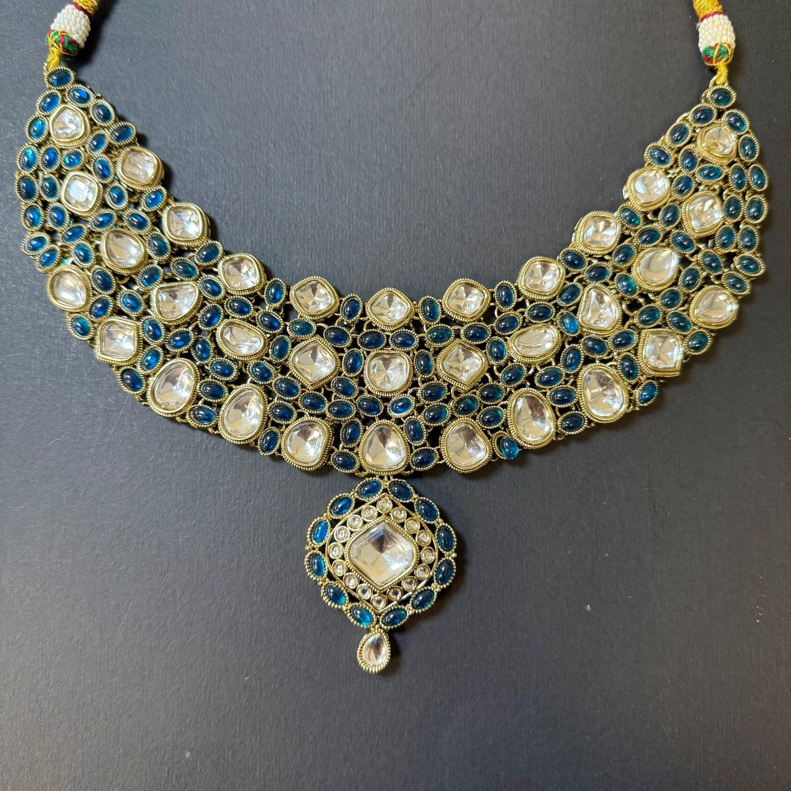 Indian Bridal Kundan Polki Choker Necklace Set Teal Blue Gold Earring & Tikka